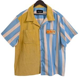 RARE Homme + Femme Retro Racing Paneled Corduroy Striped Shirt Yellow Blue XXL